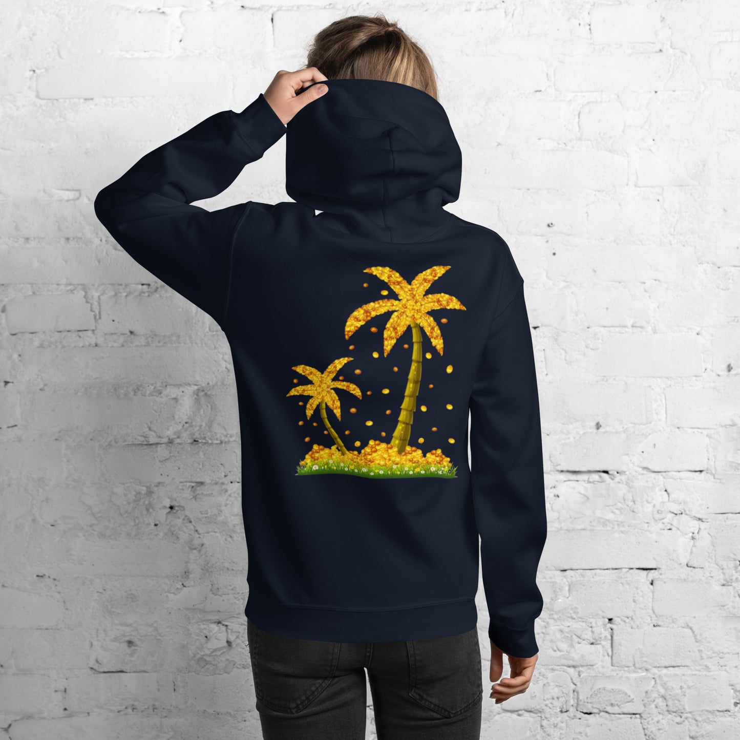 Lucky Gold Coin Palm Trees Hoodie for Women